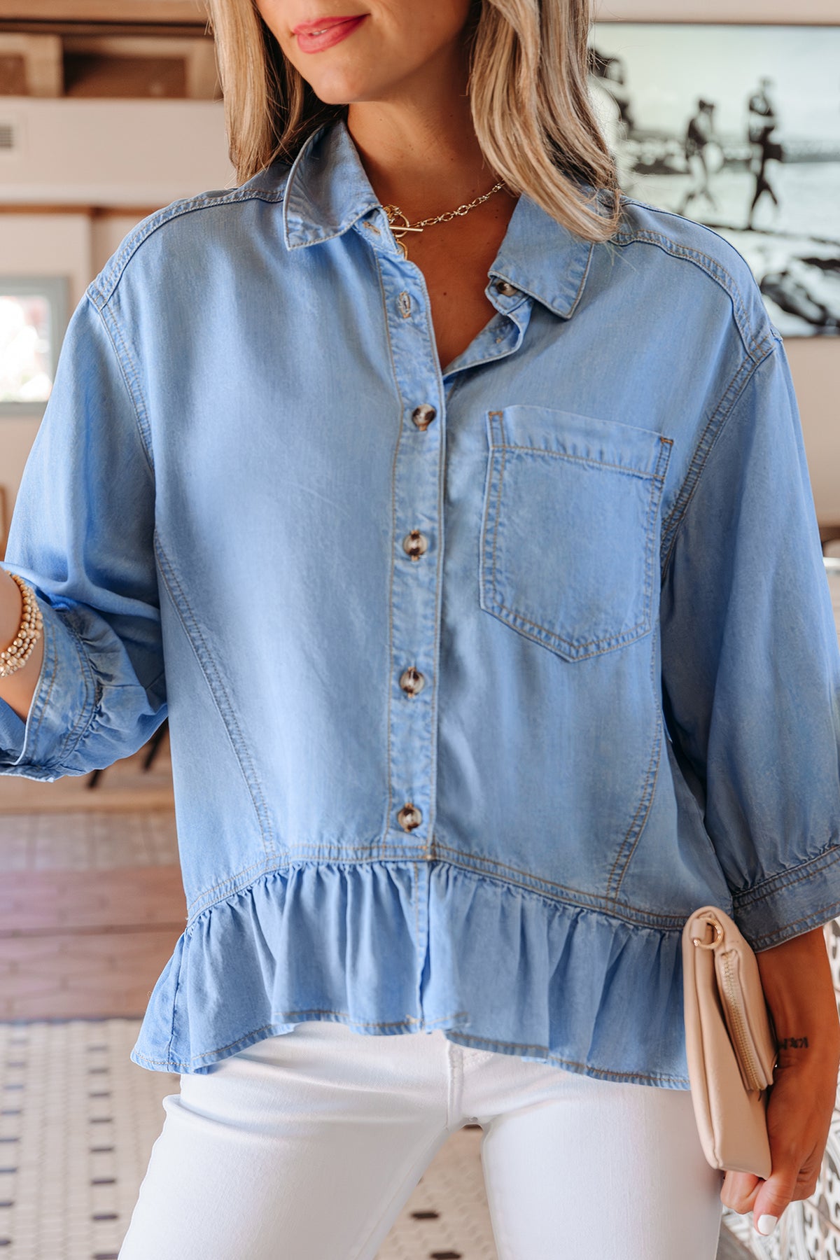 Button Down Ruffled High Blouse