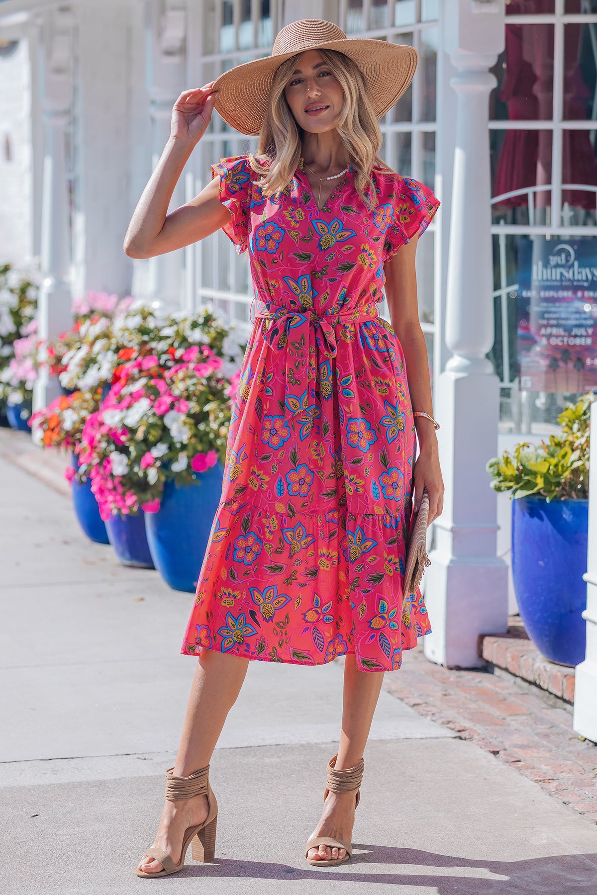 Flutter Sleeve Belted Floral Dress