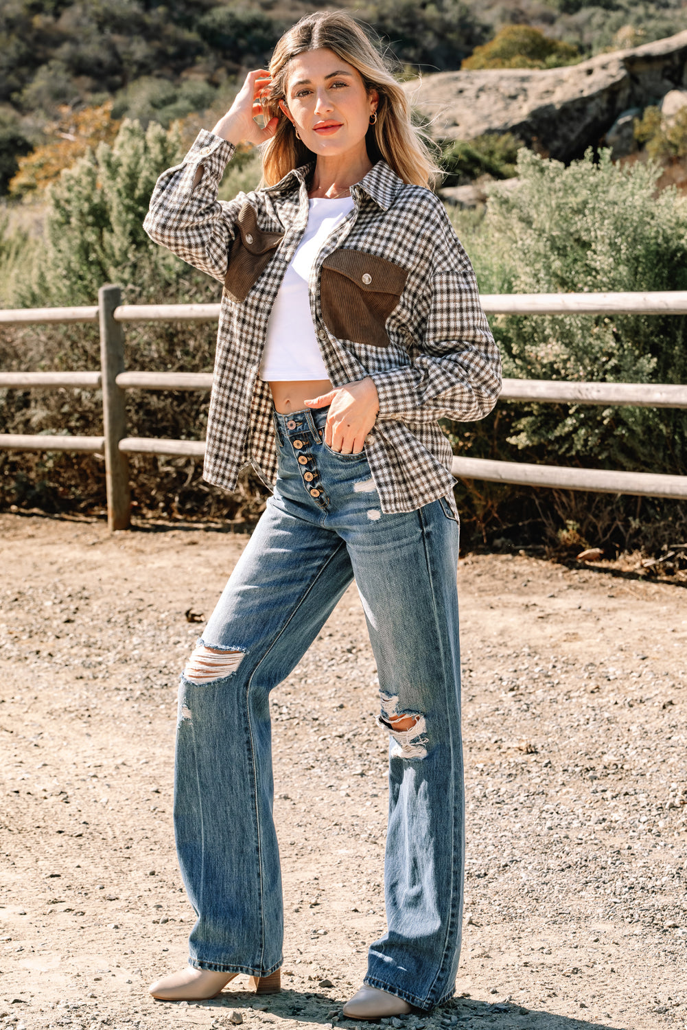 Casual Corduroy Flap Plaid Shackets
