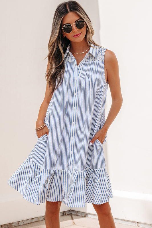 Stripe Shirred Sleeveless Mini Dress