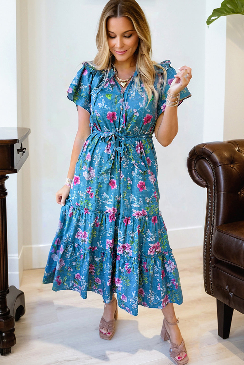 Floral Flutter Sleeve Maxi Dress