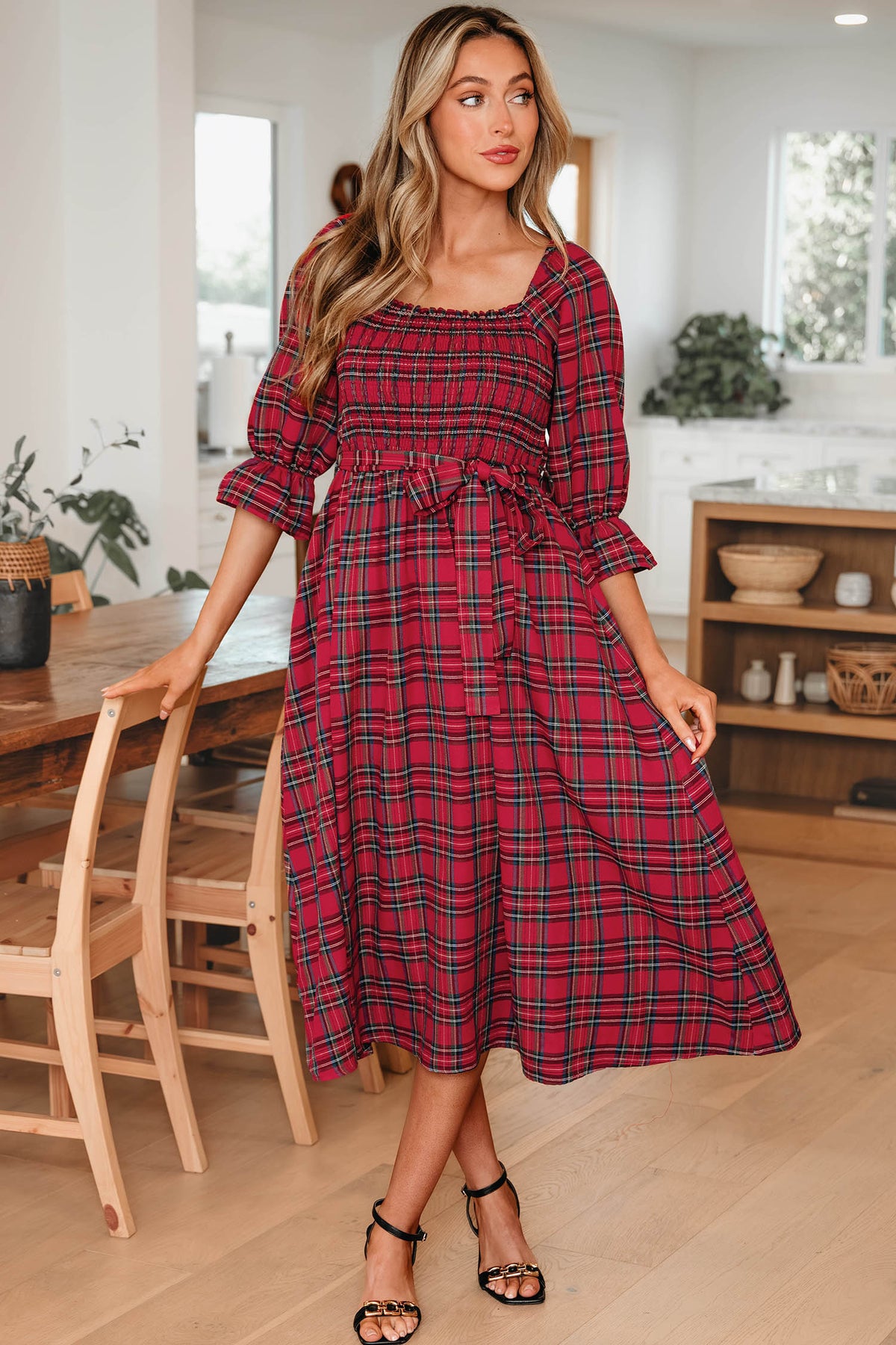 Puff Sleeve Flared Midi Dress