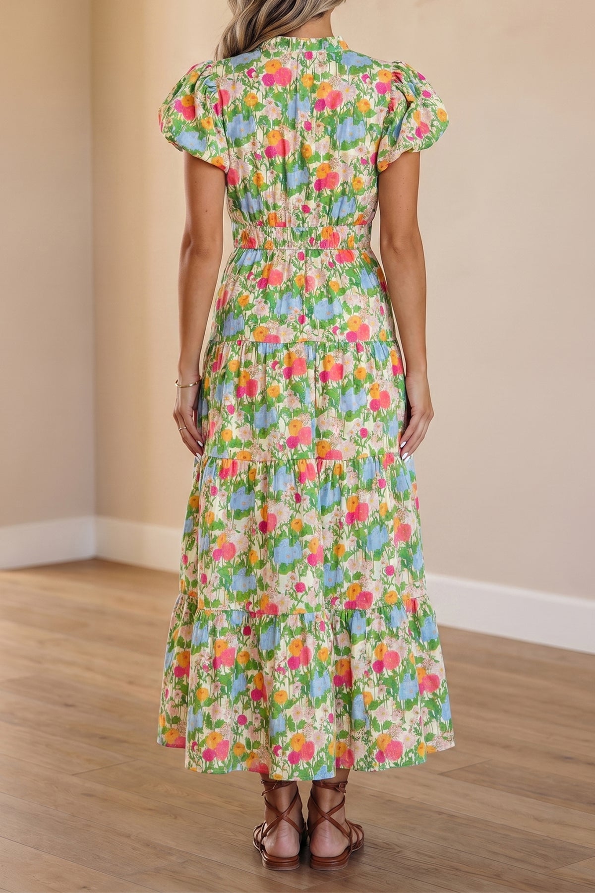 V-neck Puff Sleeve Floral Dress