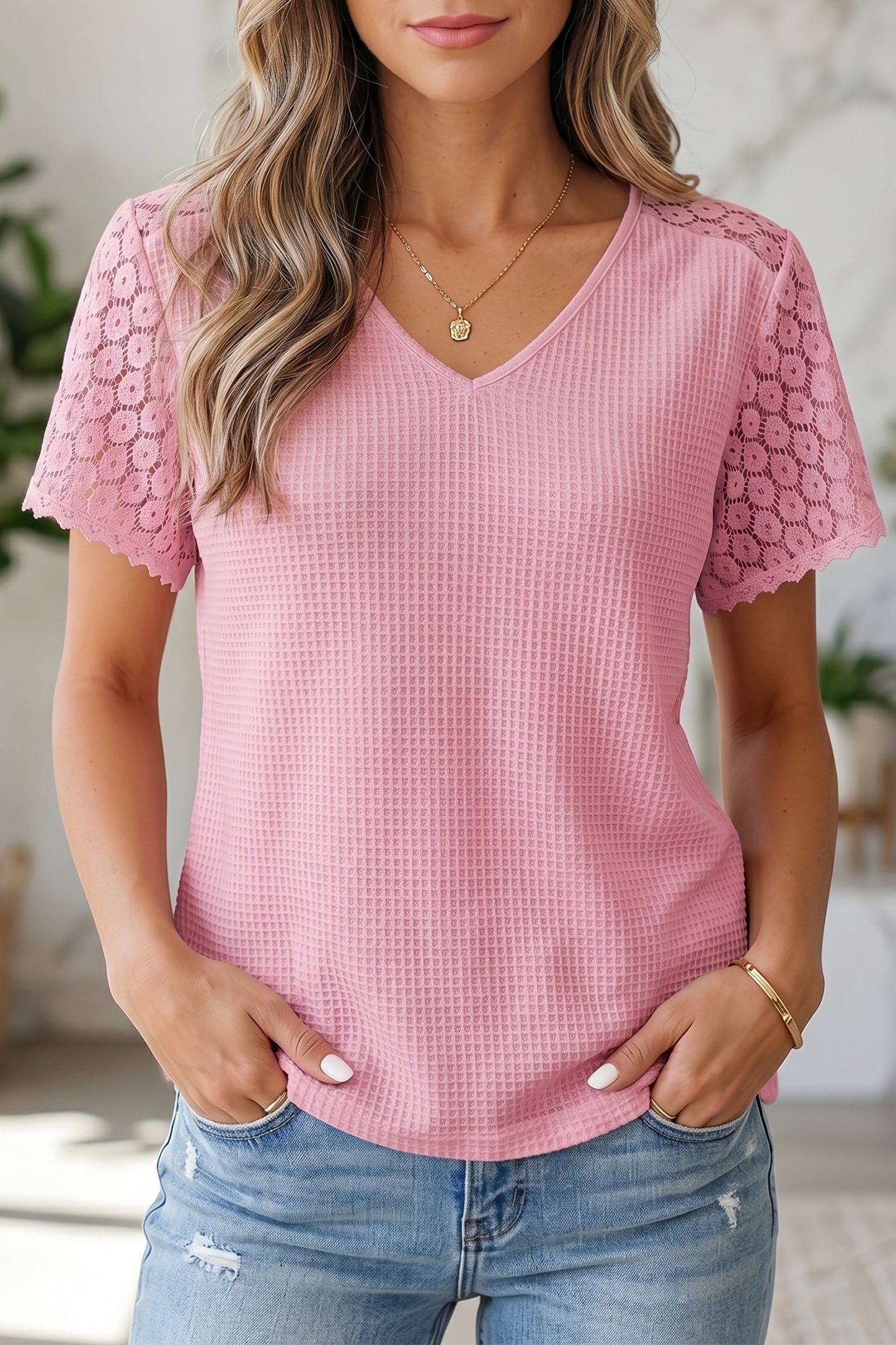 Mint Green Lace Splicing Button Cutout V Neck Waffle Knit Blouse