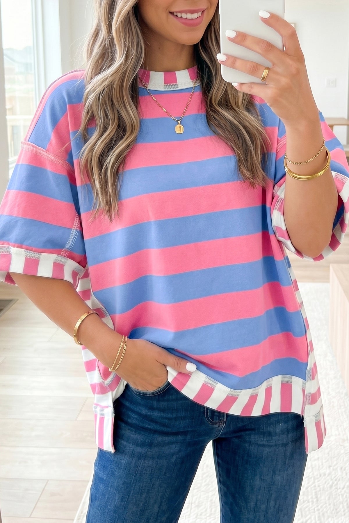 Stripe Exposed Seam Oversized Tee