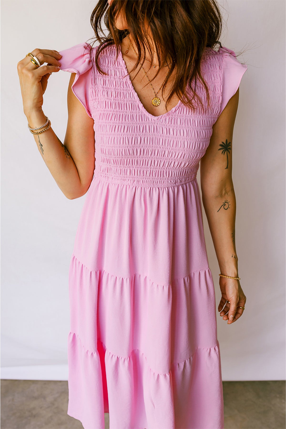 Smocked Bodice Tiered Midi Dress