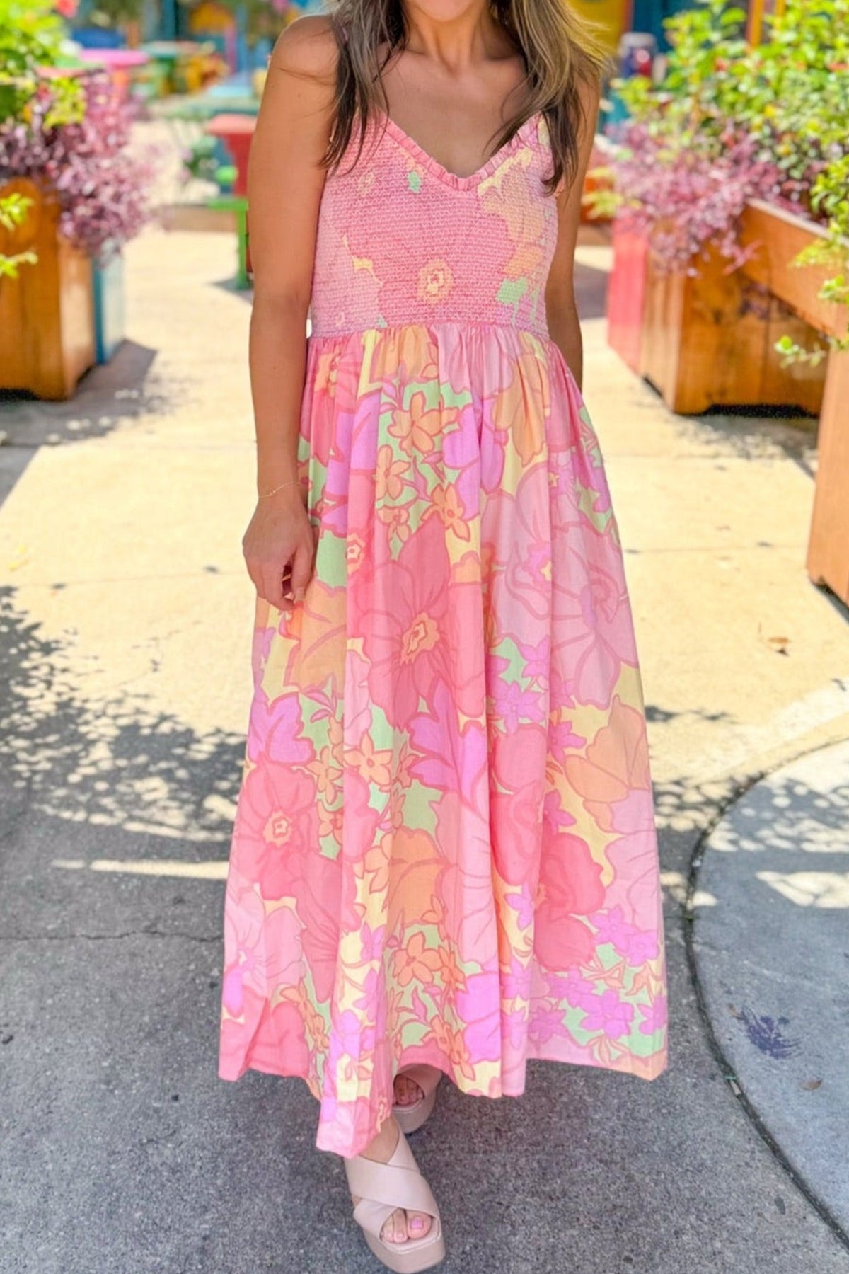 Spaghetti Strap Shirred Floral Dress