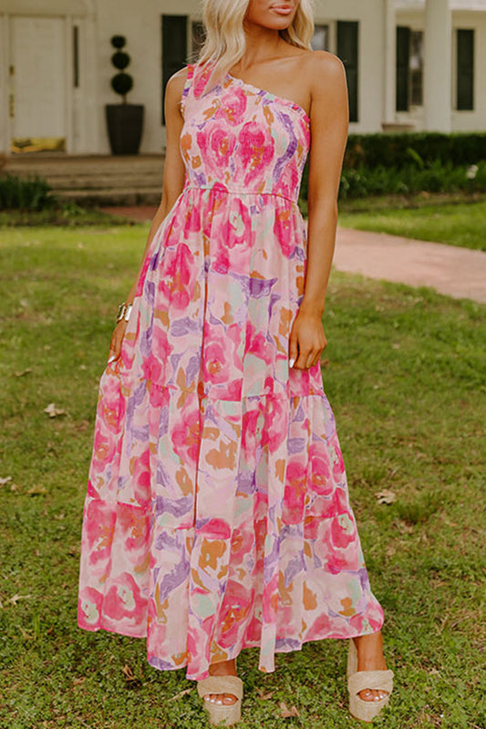 Abstract Shirred Maxi Floral Dress