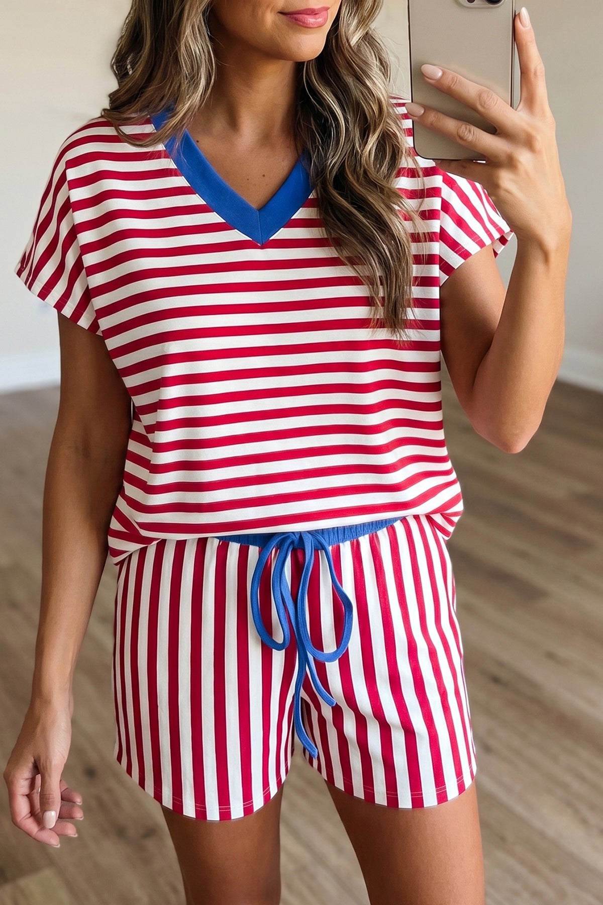 Stripe V-neck Drawstring Short Set