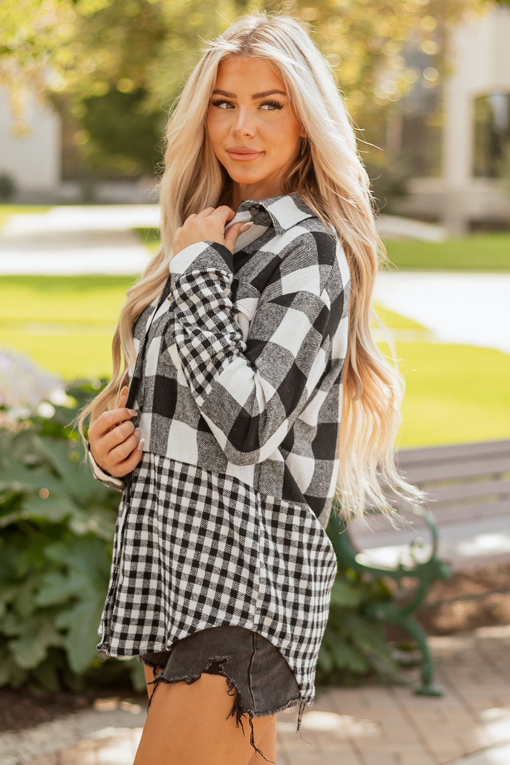 Double Drawstring Hooded Plaid Shackets