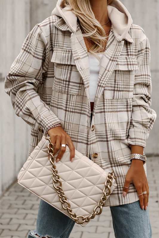 Removable Hood Buttoned Plaid Shackets