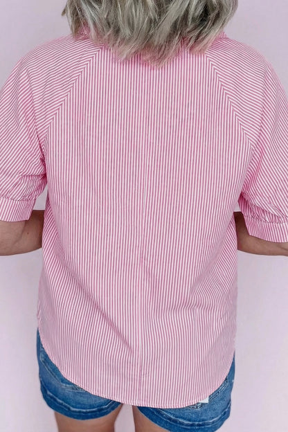 Mint Green Striped Print Collared Split Neck Half Sleeve Blouse