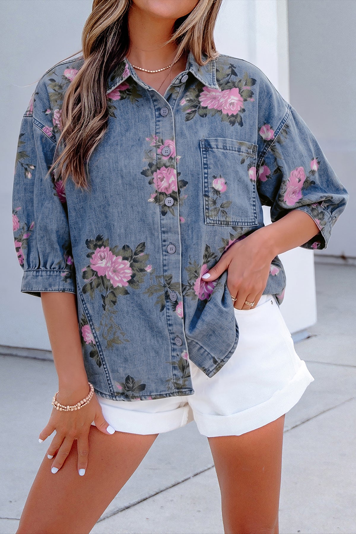 Bracelet Sleeve Floral Denim Blouse