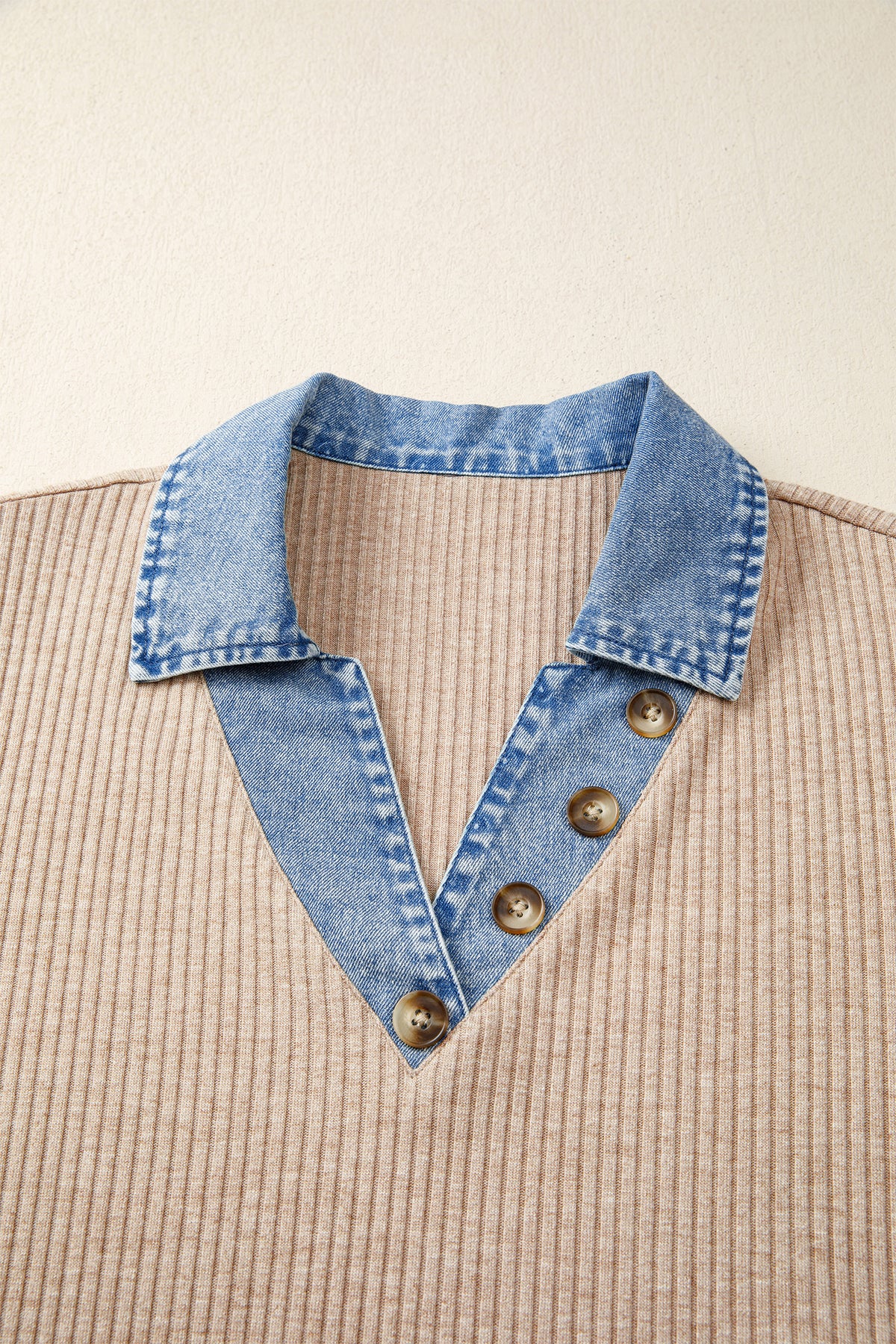 Ribbed Knit Denim Button Blouse