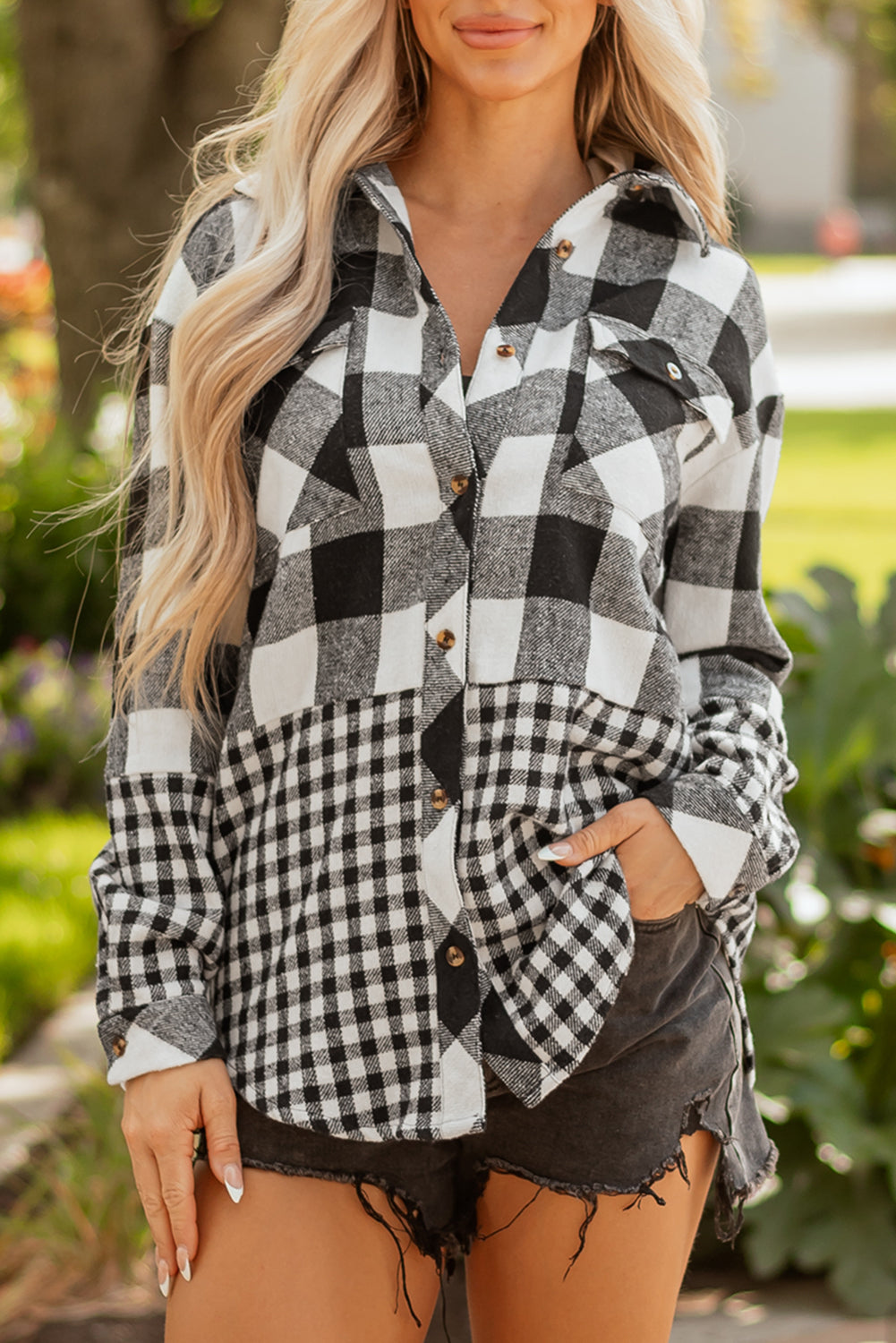 Double Drawstring Hooded Plaid Shackets