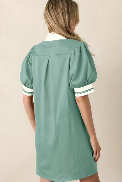 Light Pink Scallop Color Block Trim Puff Sleeve Mini Dress