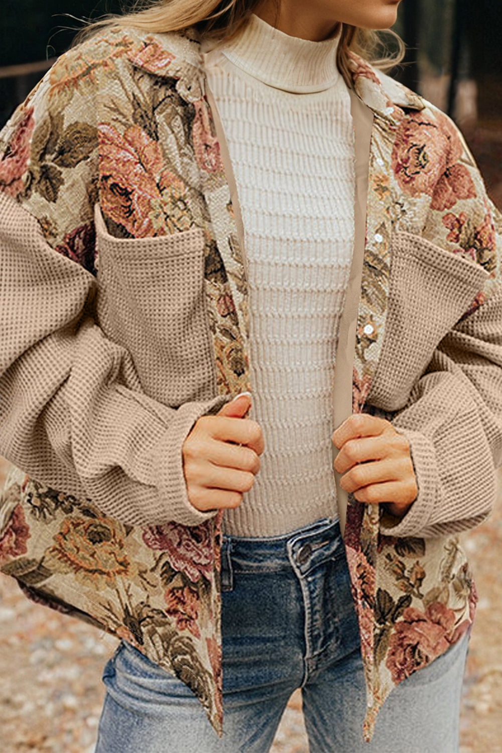 Floral Waffle Knit Buttoned Jackets