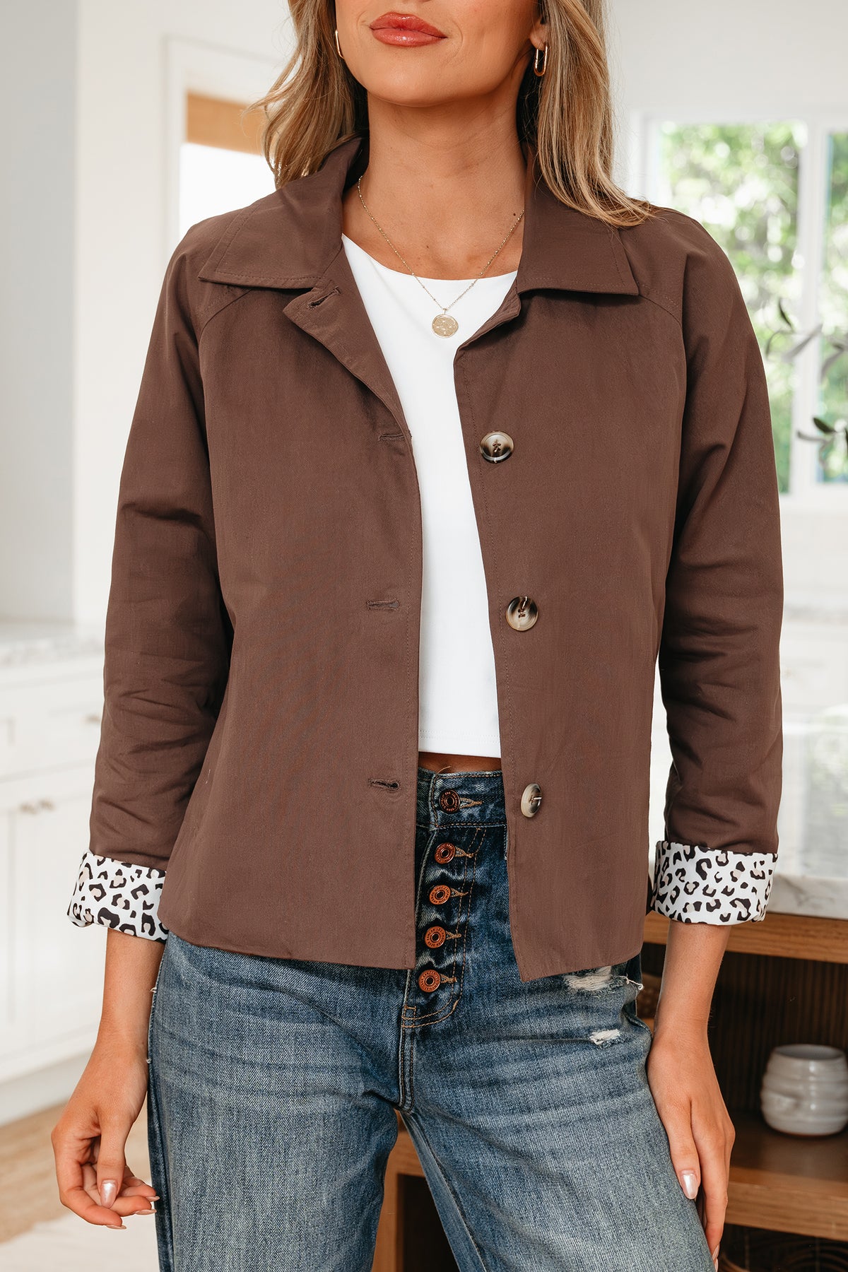 Collared Buttoned Leopard Liner Jackets