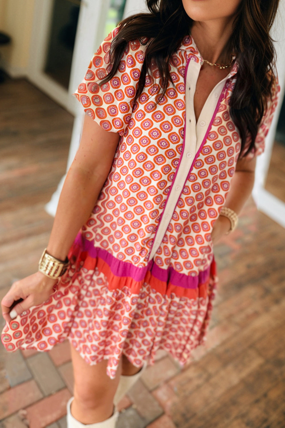 Geometric Color Block Floral Dress