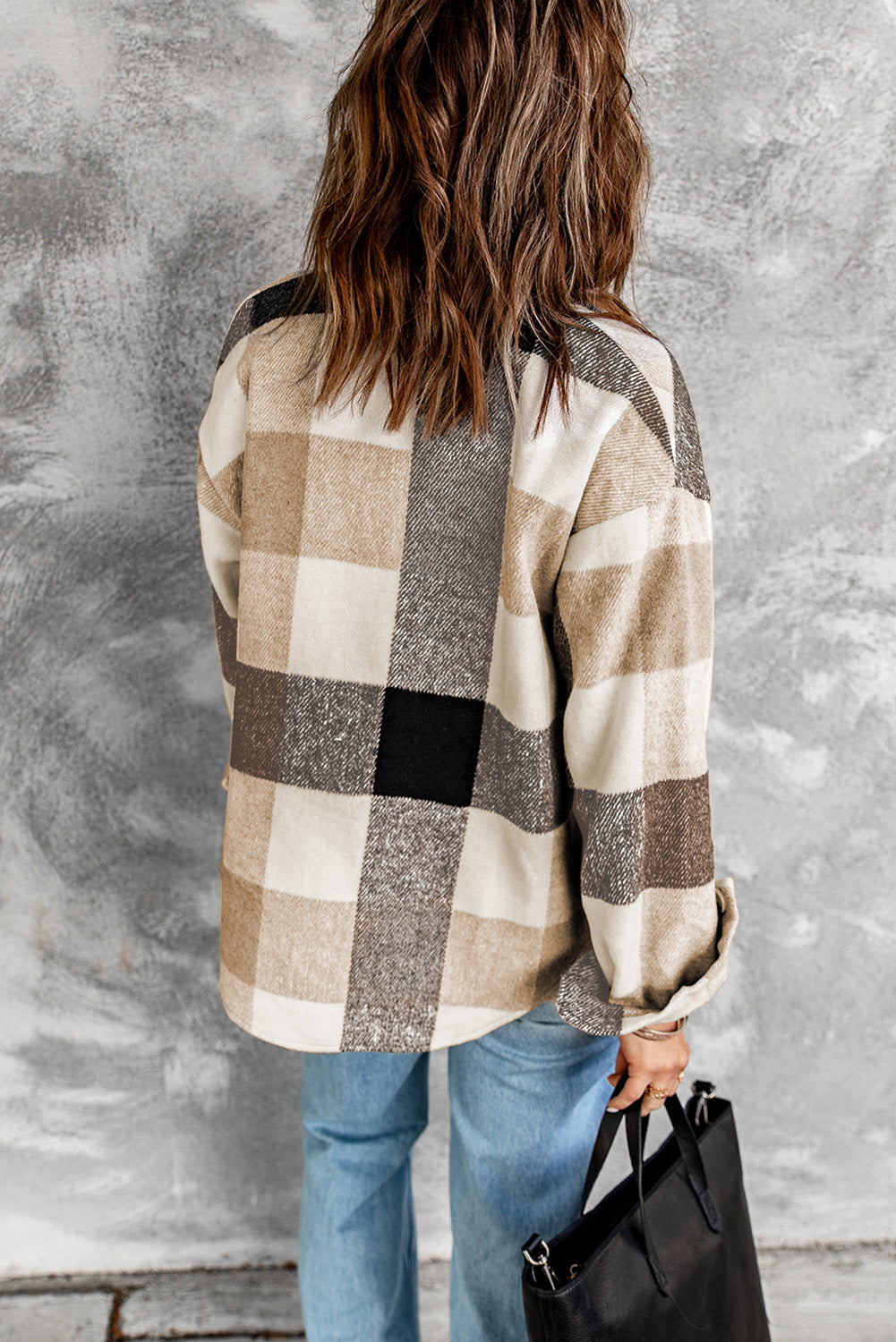 Color Block Buttoned Plaid Shackets