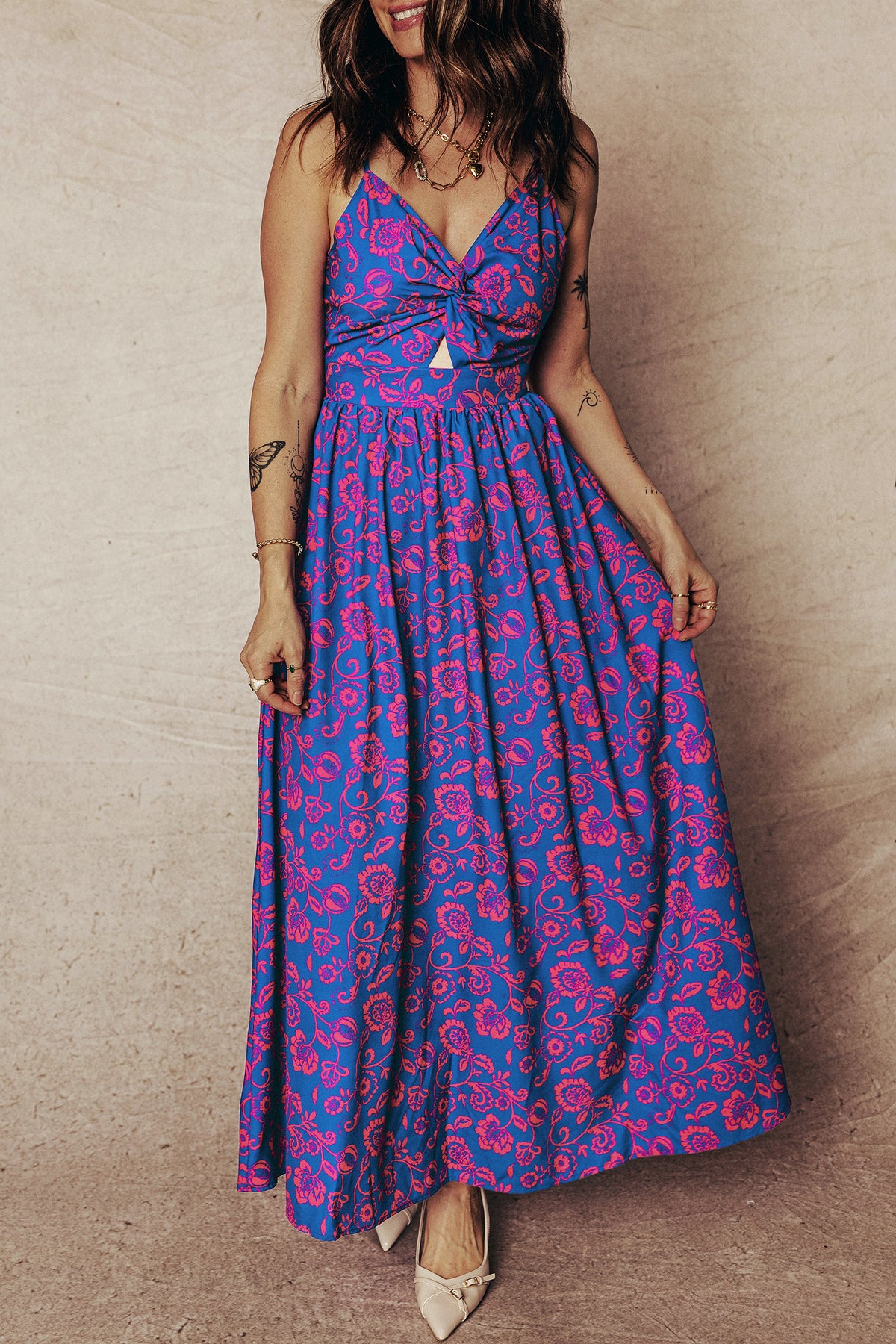 Floral Twisted V-neck Maxi Dress