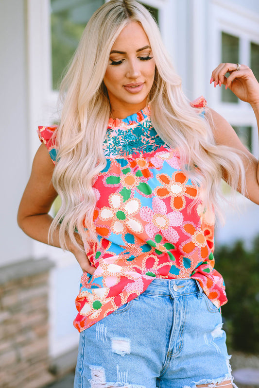 Embroidered Floral Ruffle Tank Top