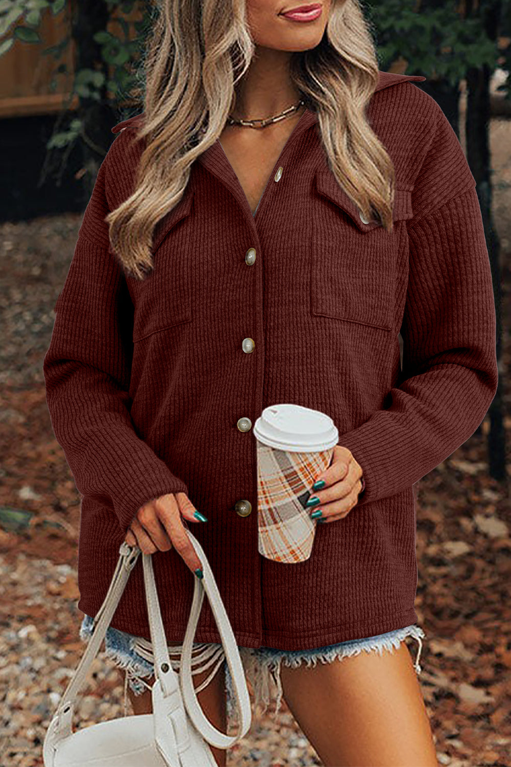 Sandalwood Ribbed Knit Buttons Jackets