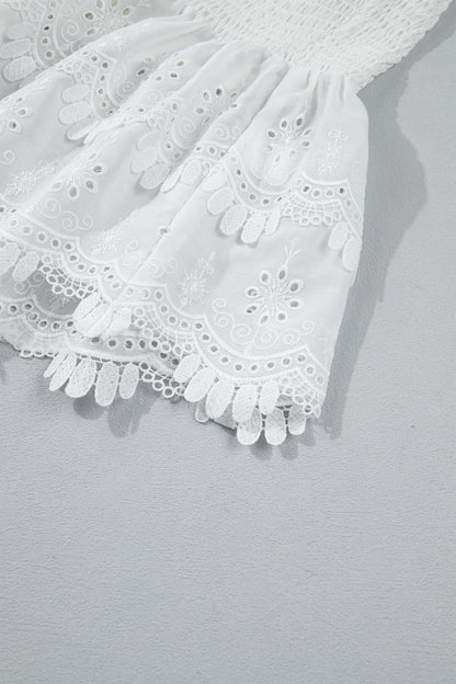 White Sleeveless Smocked Lace Peplum Top