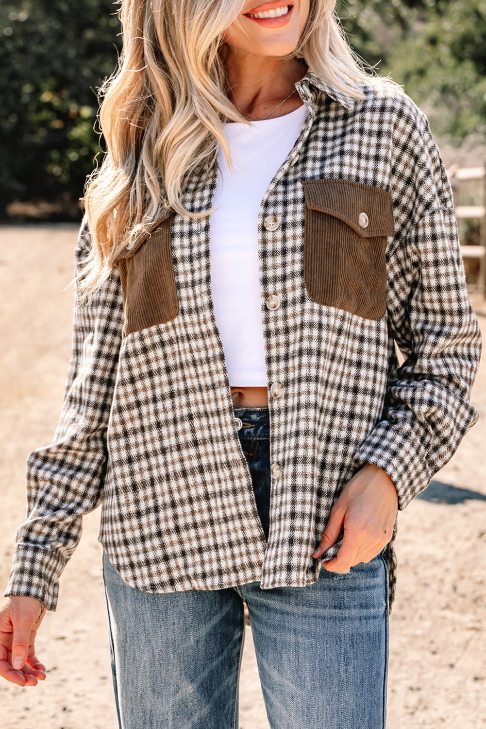 Casual Corduroy Flap Plaid Shackets