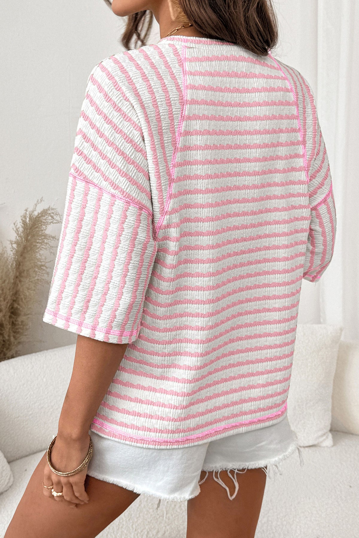 Stripe Textured Knit Split Tee