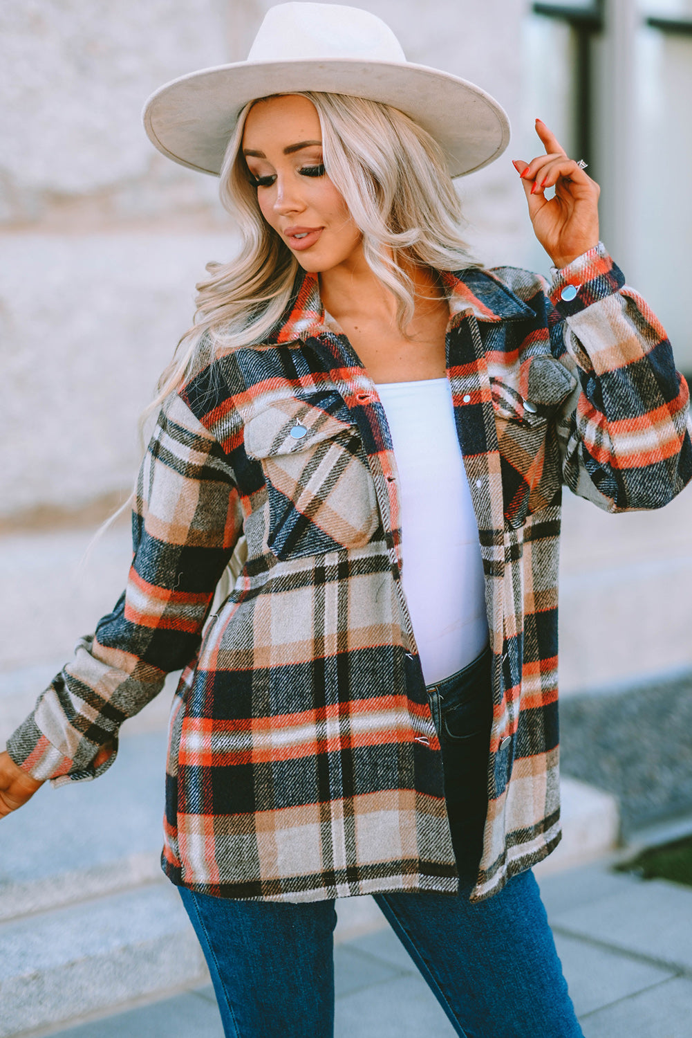 Fiery Geometric Pocketed Plaid Shackets