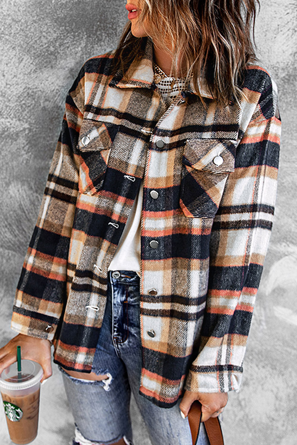 Fiery Geometric Pocketed Plaid Shackets