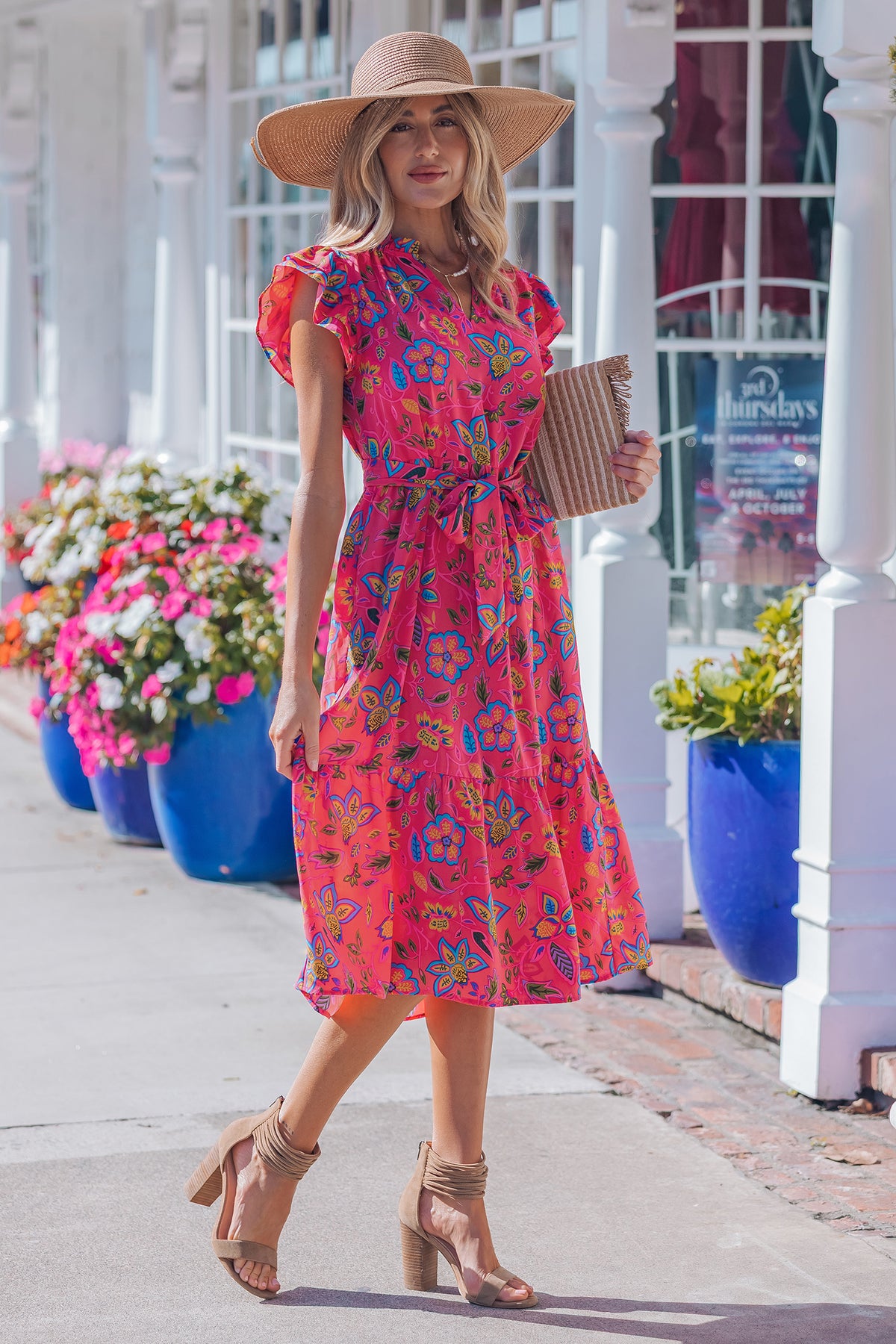 Flutter Sleeve Belted Floral Dress