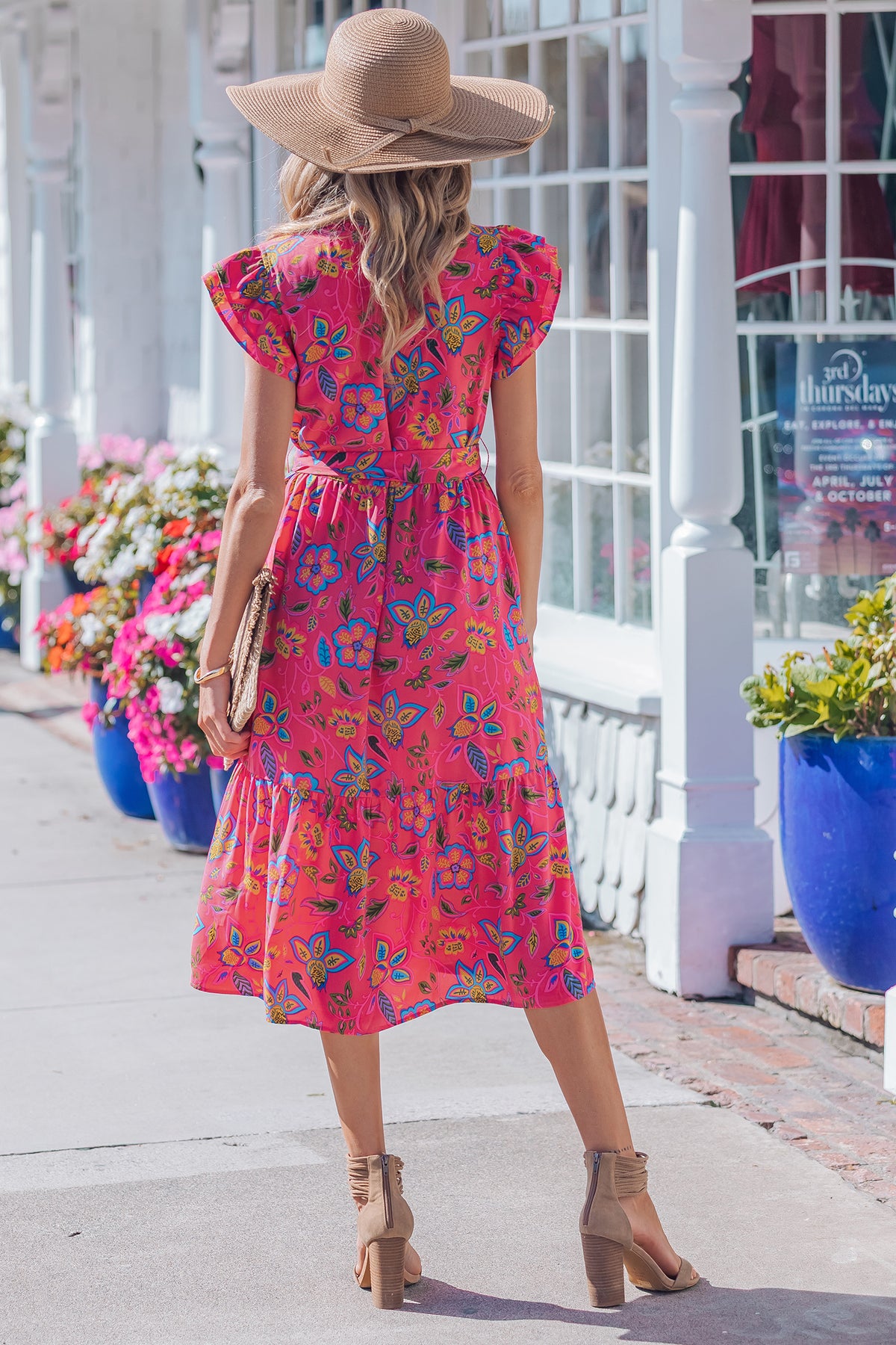 Flutter Sleeve Belted Floral Dress