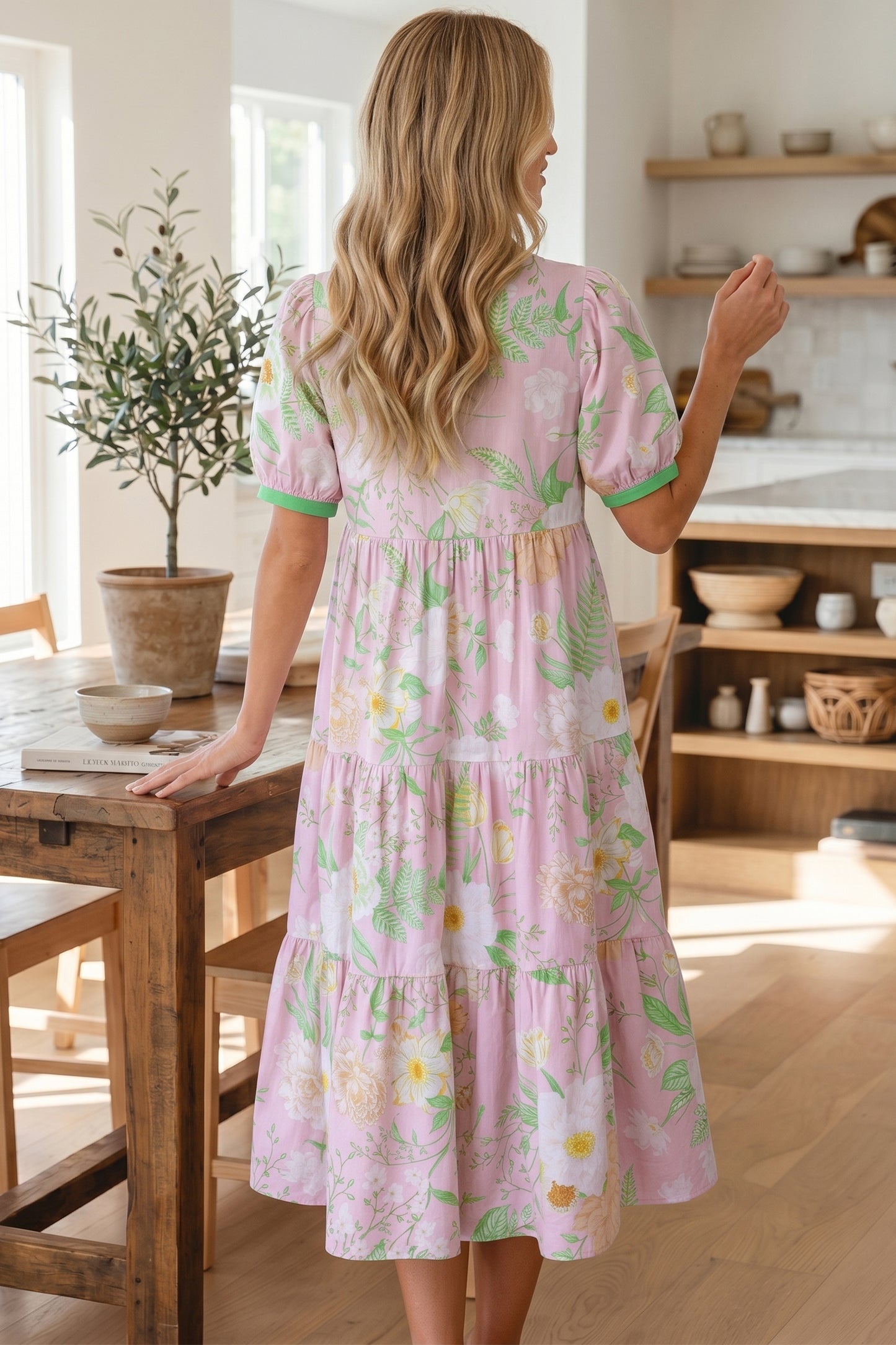 Pink Floral Print Short Puff Sleeve High Waist Tiered Maxi Dress