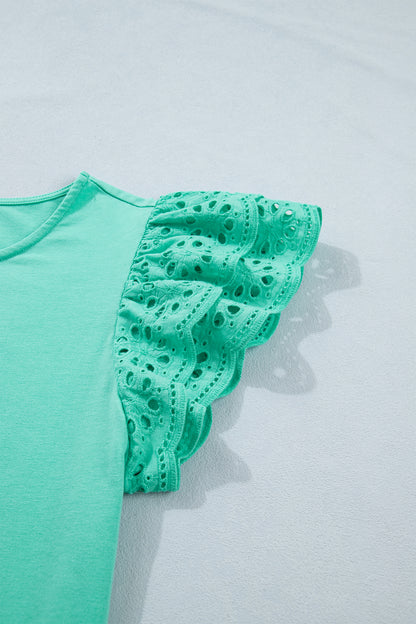 Mint Green Eyelet Lace Ruffled Cap Sleeve Top