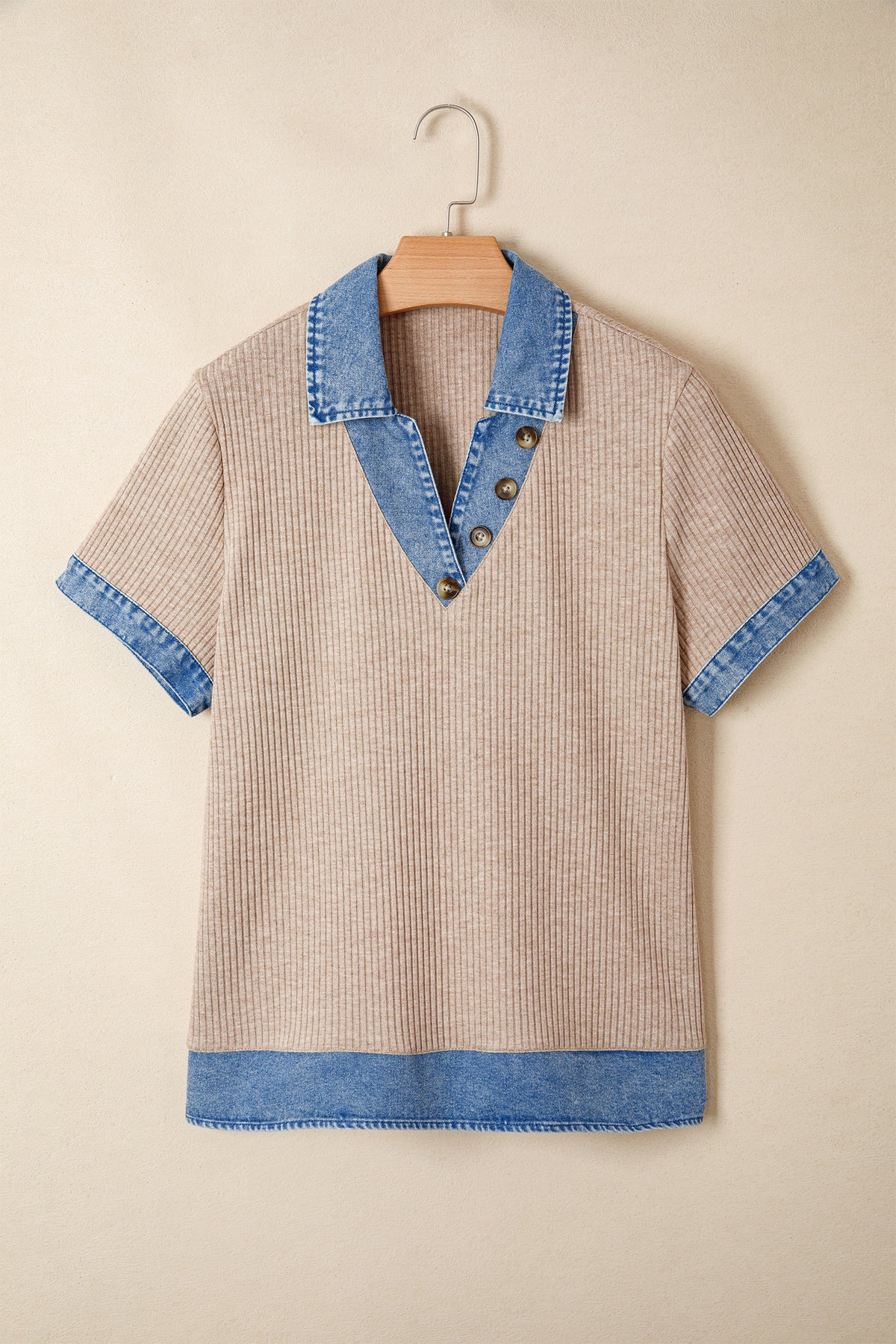 Ribbed Knit Denim Button Blouse
