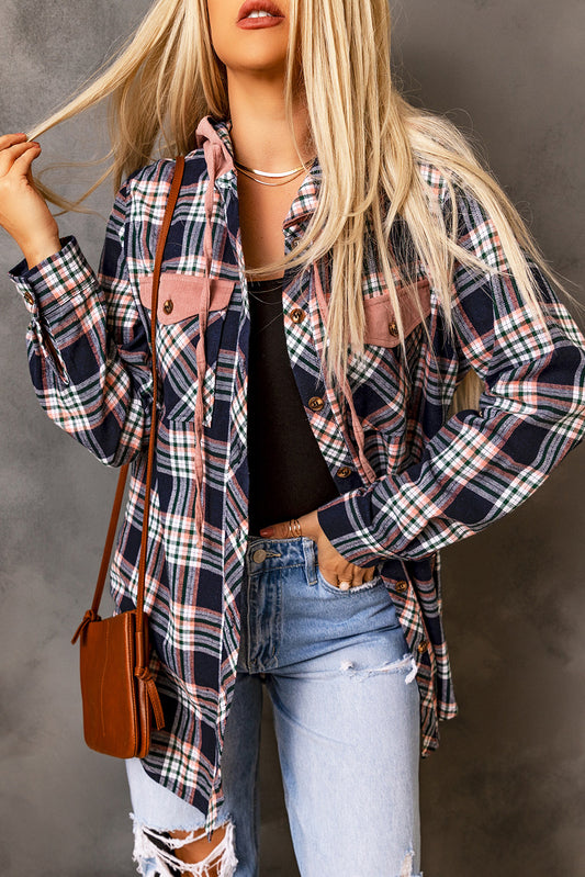 Hooded Drawstring Shacket Plaid Shackets