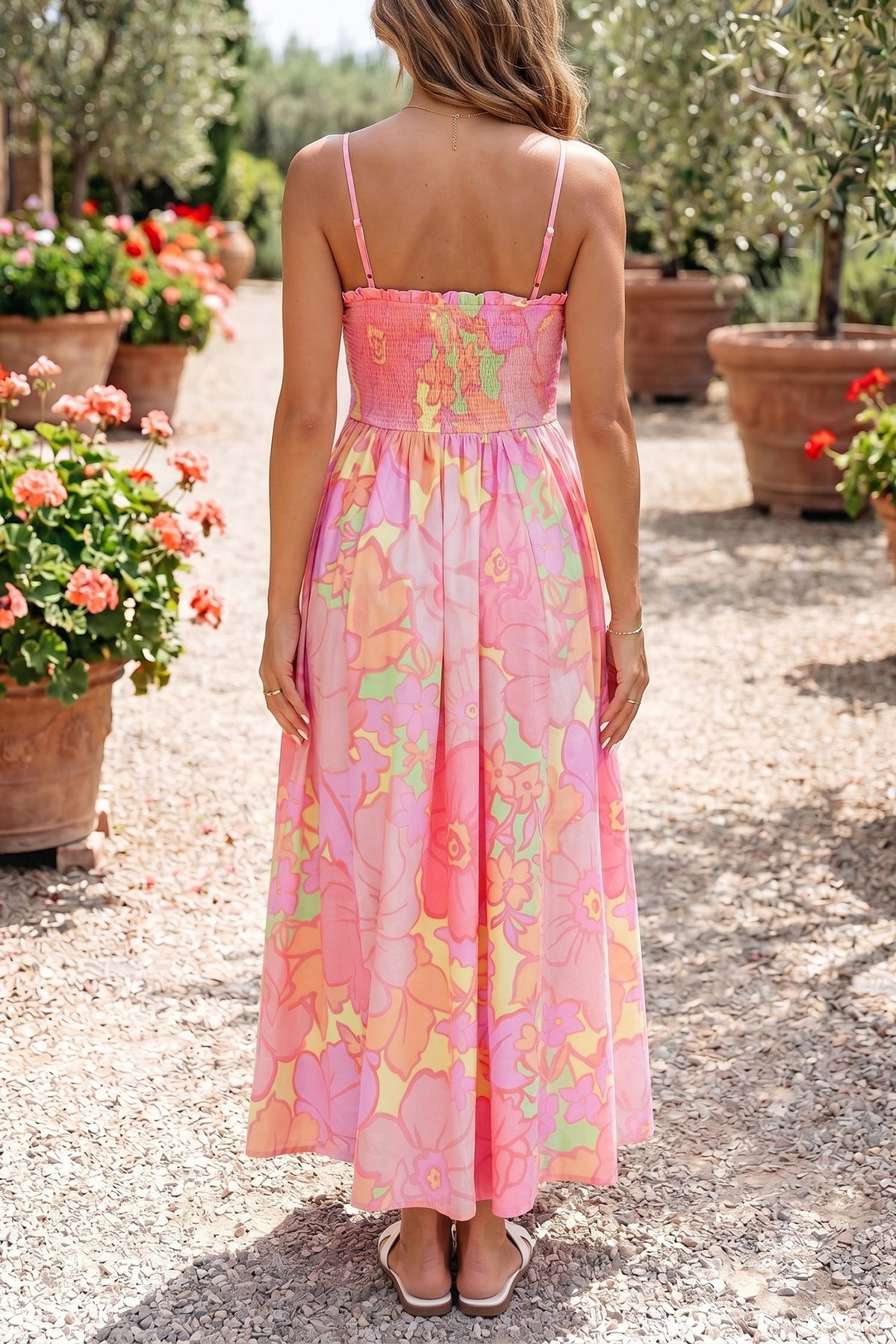 Spaghetti Strap Shirred Floral Dress