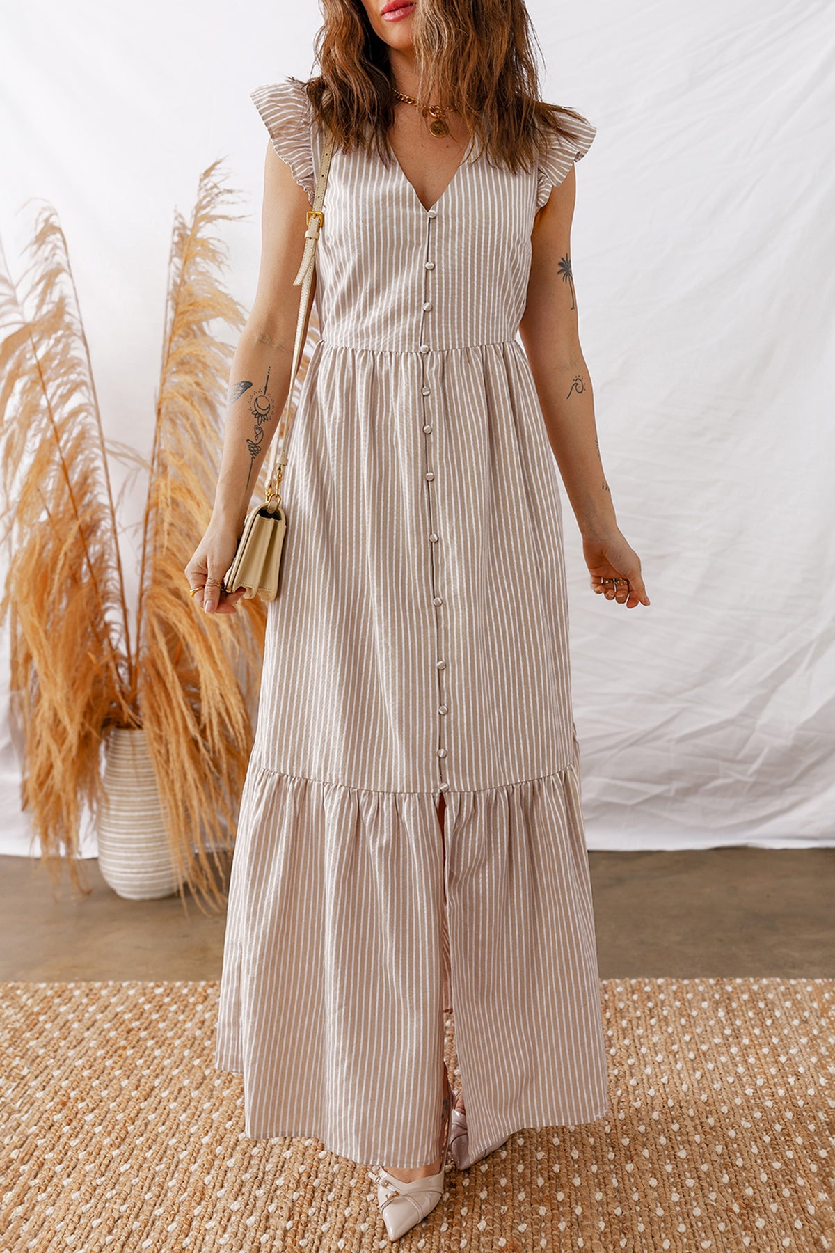 Stripe Flutter Sleeve Maxi Dress