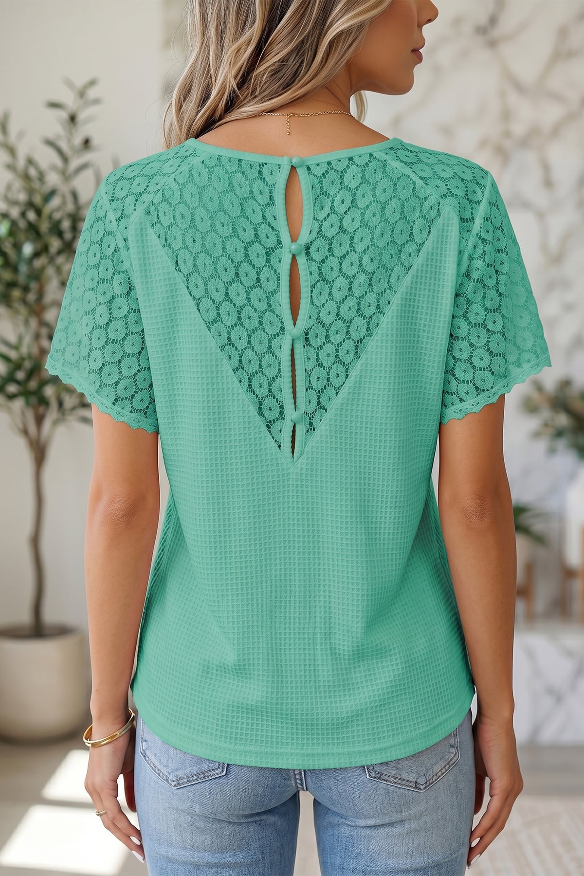 Lace Splicing Button V-neck Blouse