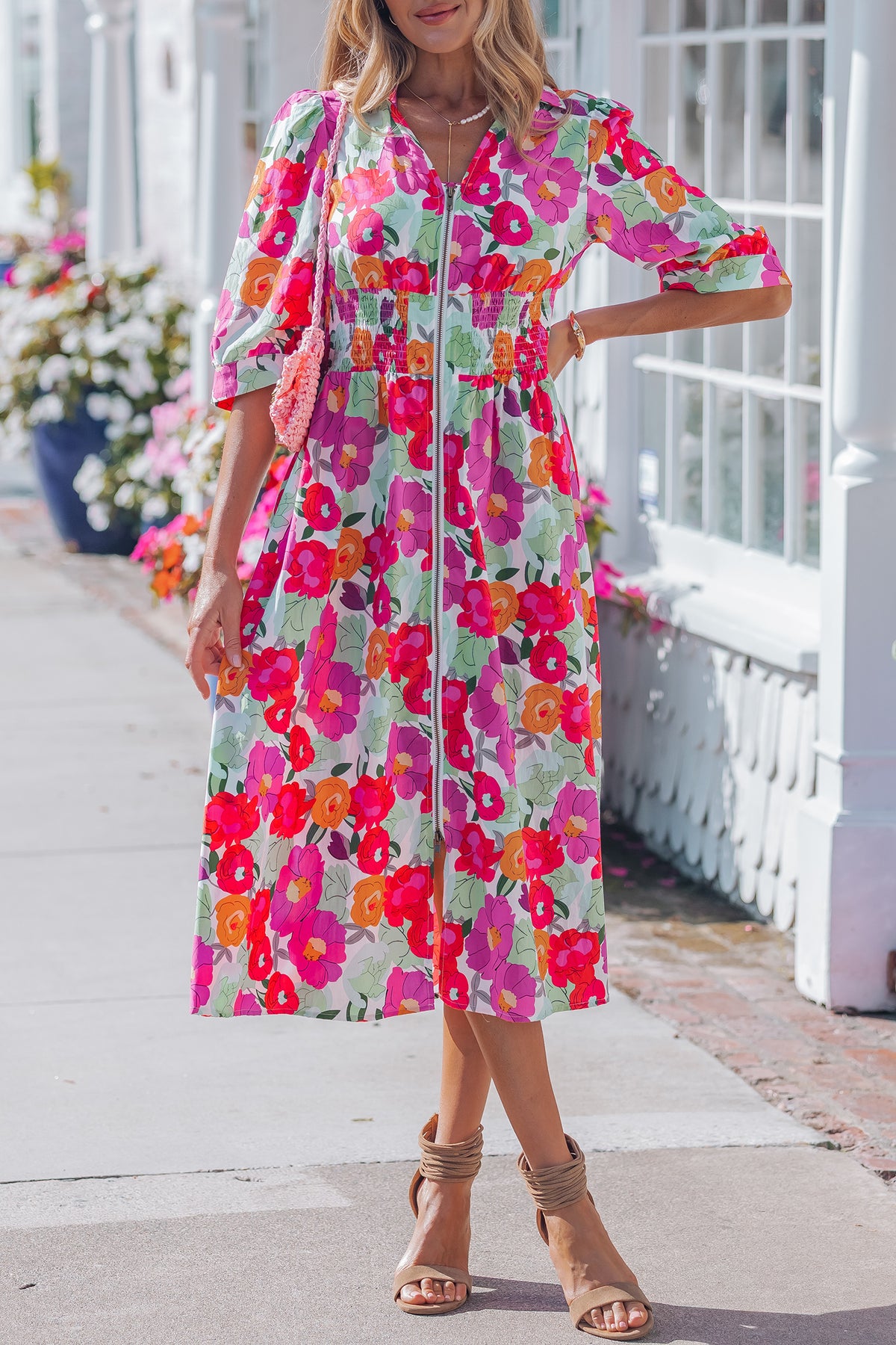 Vibrant V-neck Zip Floral Dress