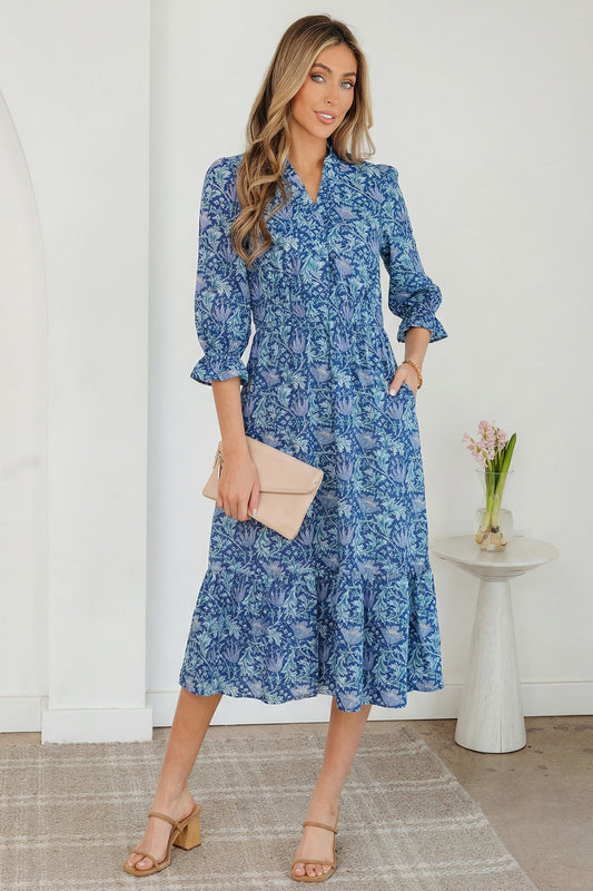 Printed Frilled V-neck Floral Dress