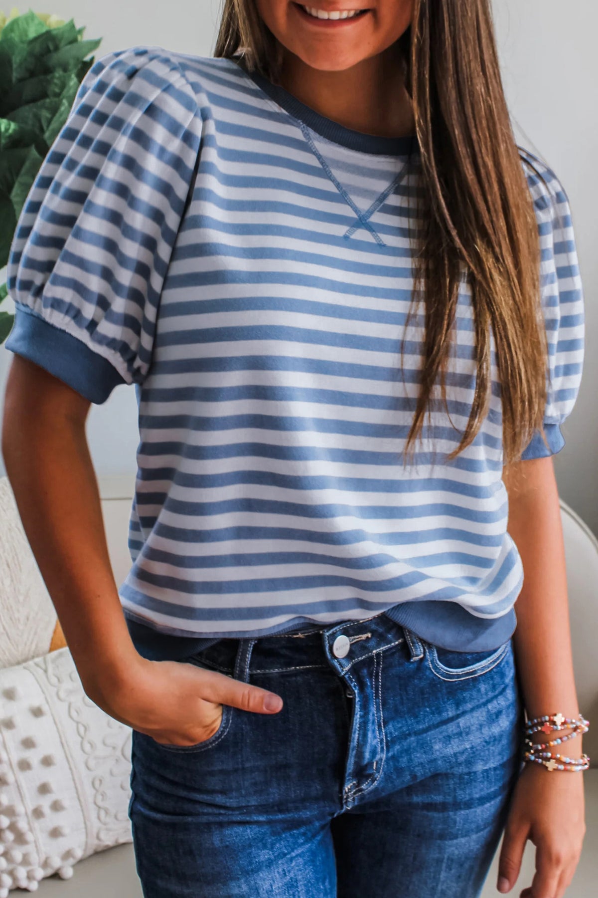 Stripe Short Bubble Sleeve Tee