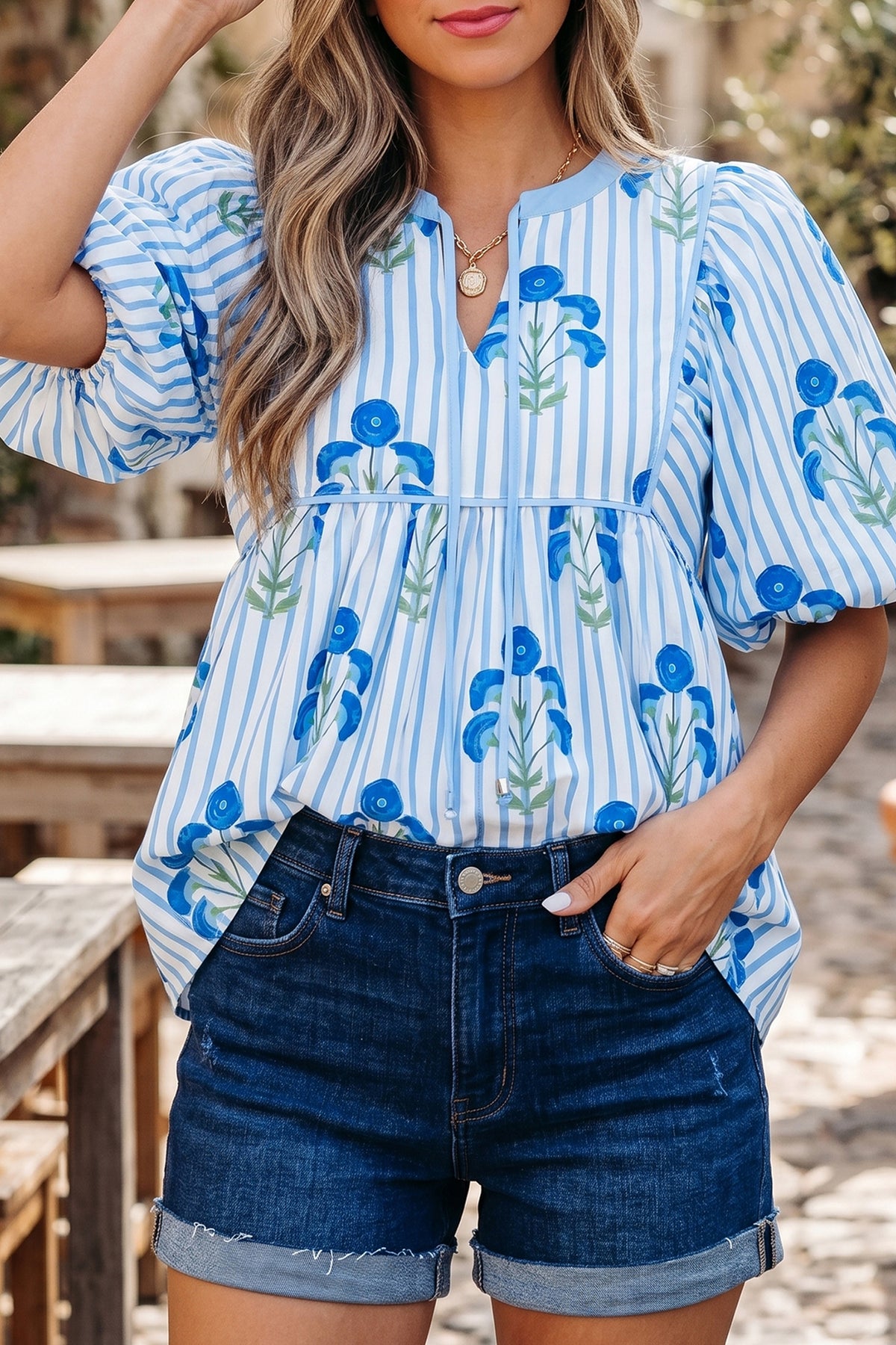 Floral Tie Puff Sleeve Blouse