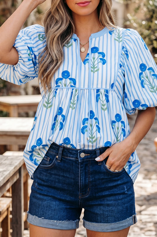 Floral Tie Puff Sleeve Blouse