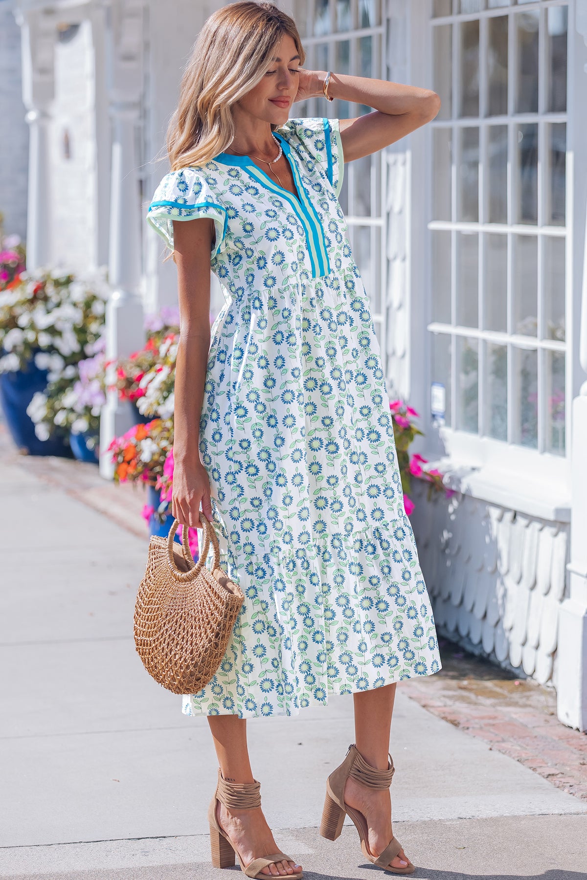 Striped Flutter Sleeve Floral Dress