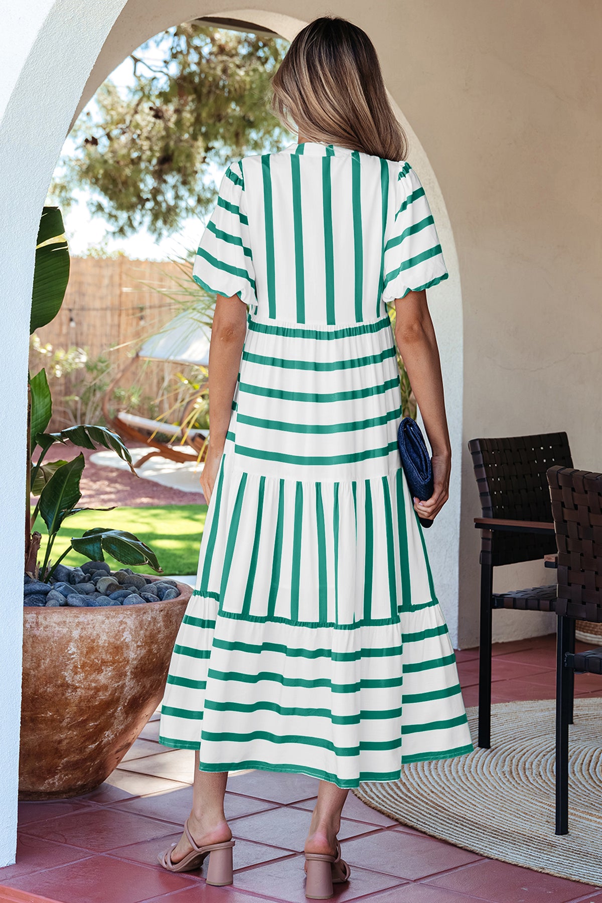 Stripe Ricrac Notched Midi Dress
