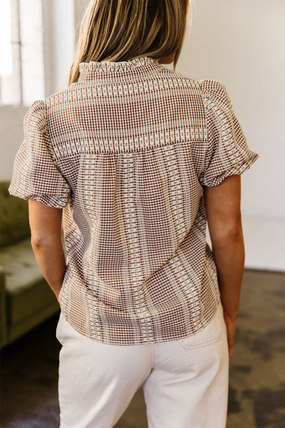 Red Western Pony Embroidered Yoke Puff Sleeve Gingham Blouse
