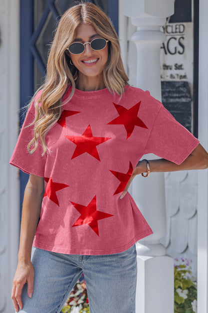 Blue Independence Day Star Printed Mineral Wash T Shirt